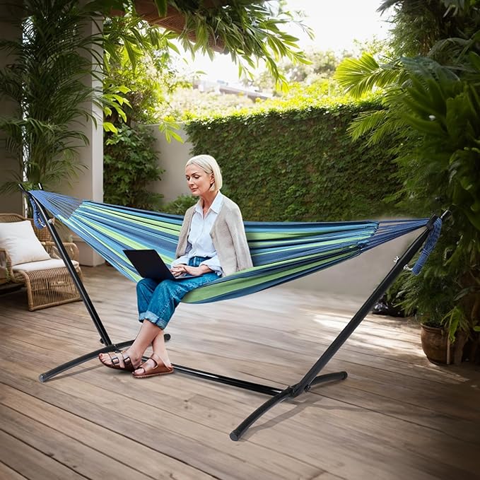 ONCLOUD Heavy Duty 550 LBS Double Hammock with Stand Included with Portable Carrying Bag Upgraded 2 Person Hammock with Frame for Outdoors &amp Indoors Series TDCTZ2 - Blue Green Stripe