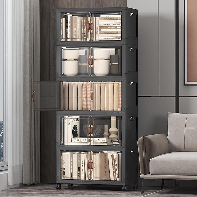 UAMFURI Extra Large Stackable Storage Bins with Lids &amp Wheels Foldable Collapsible Closet Organizers Dark Storage Cabinet with Doors for Bedroom Dorm
