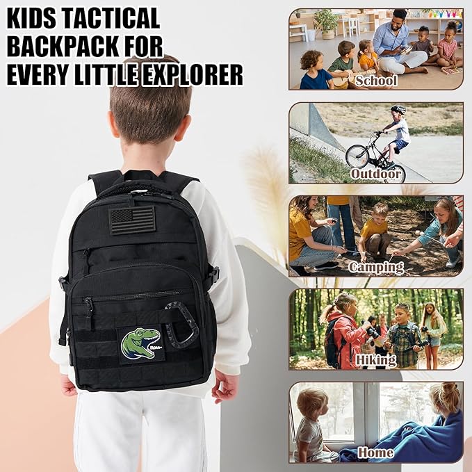 Kids Tactical Backpack Army Molle Bookbag Military Boys Backpack for School Outdoor Camping (Includes 2 Patches +1 Carabiner) Black