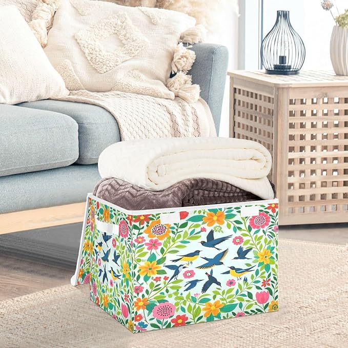 Storage Bins With Lid Stackable Fabric Closet Organizer Clothing Storage Large Boxes For Closet Shelves Bedroom Birds Plants Green