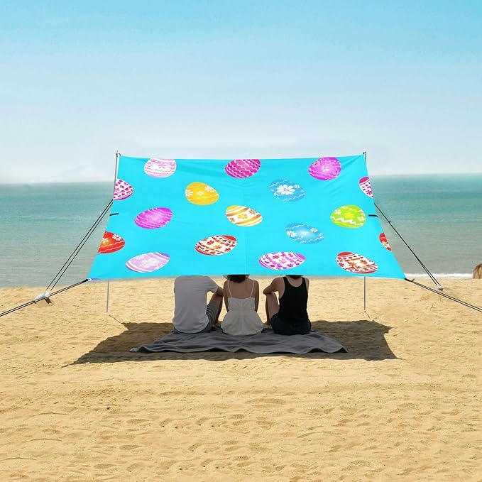 Easter Eggs Blue Beach Tent Sun Shelter Set UPF50+ UV Protection 10.5 x 9.19 FT Camping Shade Canopy with Sandbags Sand Anchors Carrying Bag and Others