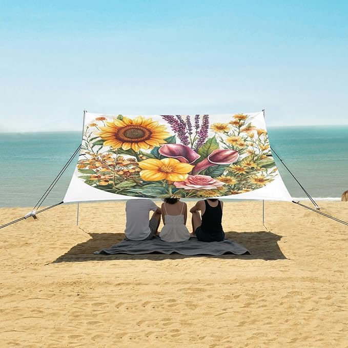 Spring Flowers Sunflower Calla Lily Rose White Stable Beach Tent UPF50 Water-Resistant Large Portable Sun Shelter with Sand Shovel for Camping Picnics Backyard &amp Fishing