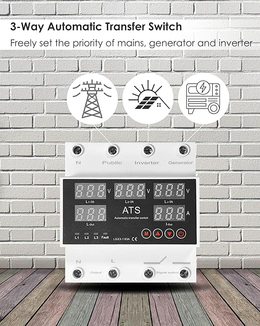 Automatic Transfer Switch for Generator Inverter 110V 63A Adjustable Voltage Protector with LED Display Overcurrent Overvoltage and Undervoltage Protections