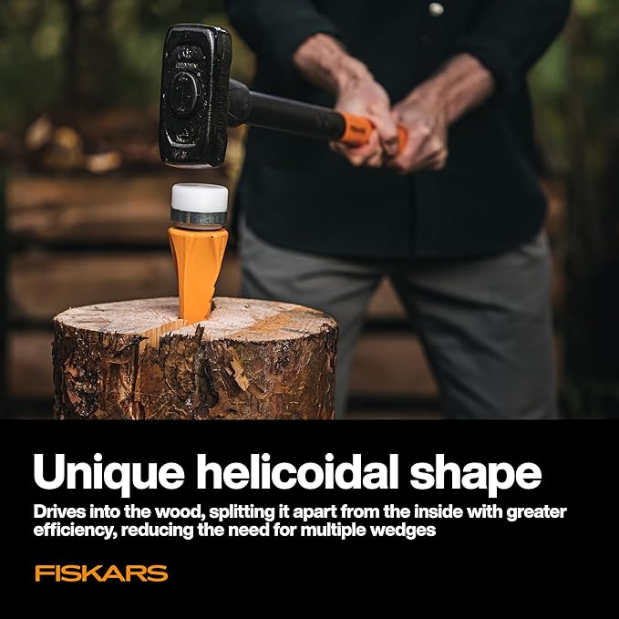 Fiskars HelixPlus Splitting Wedge for Large Logs – Forged Steel Wood Splitting Wedge with Spiral Design &amp Vibration-Dampening Striking Head 2.5 x 9.5 x 2.5