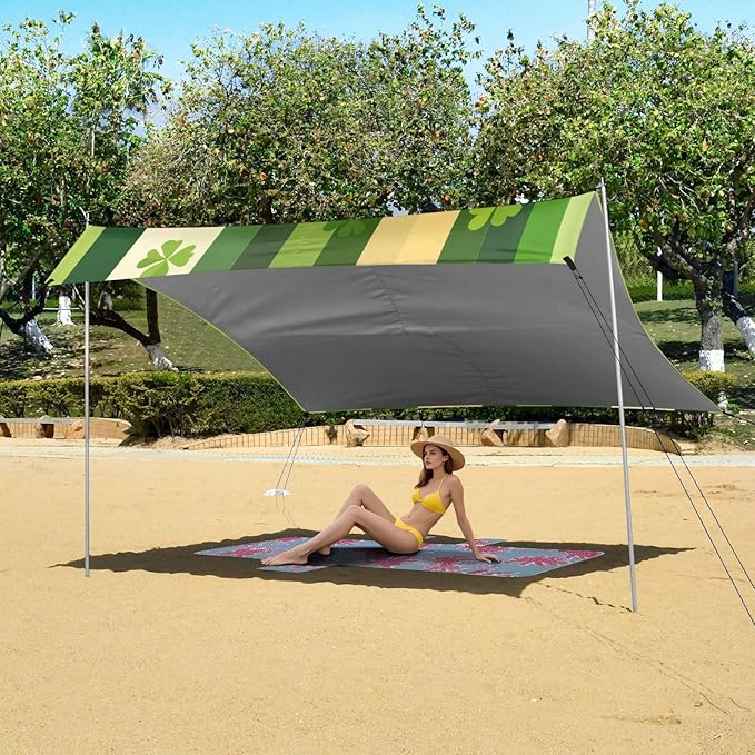 St Patrick's Clovers Stripes Beach Tent Sun Shelter Set UPF50+ UV Protection 10.5 x 9.19 FT Camping Shade Canopy with Sandbags Sand Anchors Carrying Bag and Others