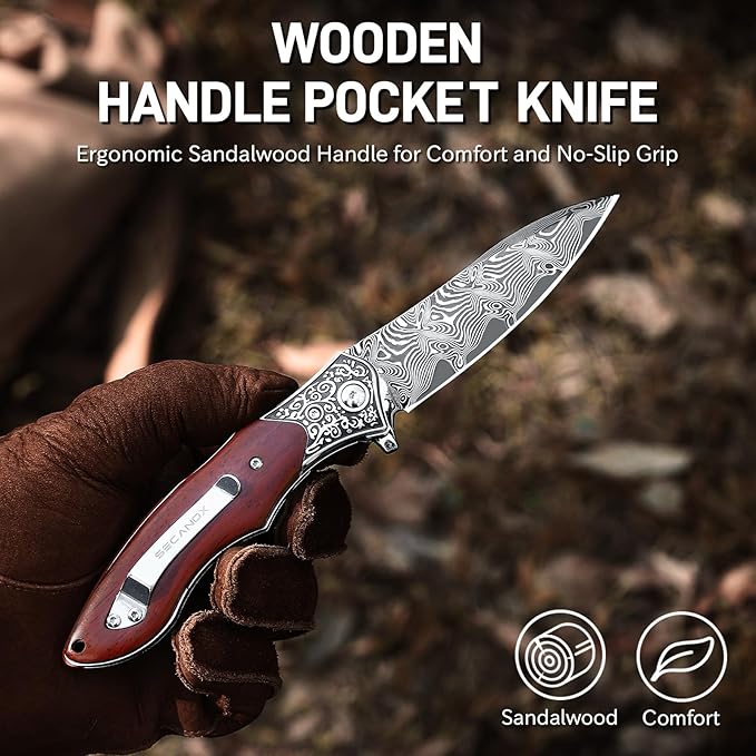 Damascus Pocket Knife Sharp 3.54 Damascus Steel Folding Knives with Wood Handle EDC Knife for Camping Hiking Collection