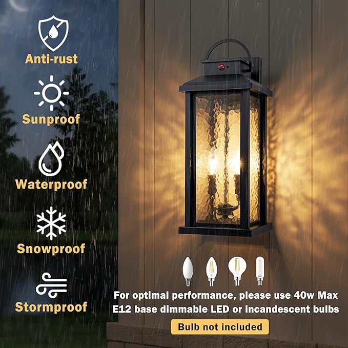 20 Inch Large Motion Sensor Outdoor Lights Matte Black Dusk to Dawn Outdoor Wall Lights with Water Glass 3 Lighting Modes Porch Lights Outdoor Light Fixture Waterproof Outdoor Lights for House
