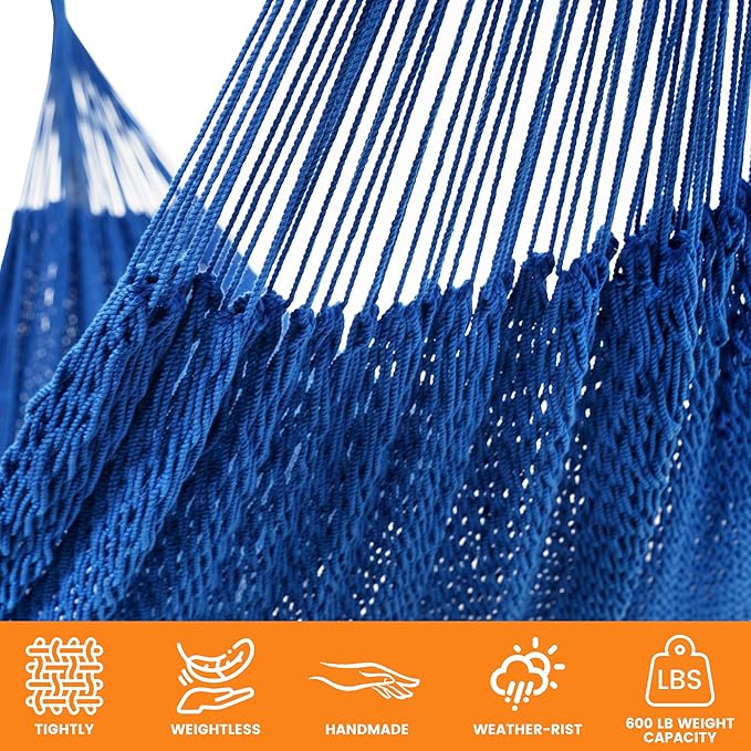 Lazy Daze Hammocks Handwoven Mayan Hammock 10.5 FT Soft Rope Double Hammocks Portable Outdoor Hammock with Carry Bag 2 Straps &amp Carabiners for Patio Outside 550 lbs Weight Capacity Blue