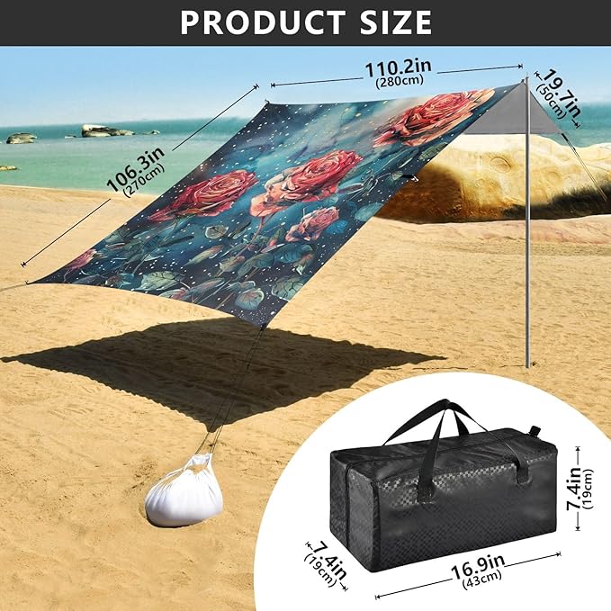 ALAZA Rose Flowers Stylization Watercolor Space Beach Tent Sun Shelter Portable Canopy Sunshade for Outdoor Camping Picnics Backyard Fun 10x9 ft
