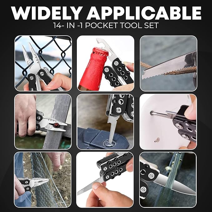 14-In-1 Multitool Pliers Pocket Knife Stainless Steel Great Camping Accessories - Camping Multi Tool Gifts for Men with Portable Belt Holder Nylon Pouch and Safety Locking Survival Tools