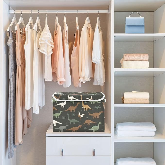 Storage Bins with Lids Storage Containers Box Organizer Bin Basket with Handles for Closet Shelves Clothes Stackable Foldable Decorative Green and Brown Dinosaurs