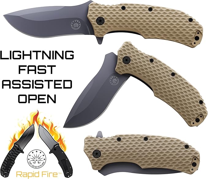 Off-Grid Knives - Rapid Fire Coyote Large Assisted EDC Hard Use Construction Camping and Survival Cryogenic D2 Blade Steel Titanium Nitride Coating with G10 Scales Deep Pocket Carry