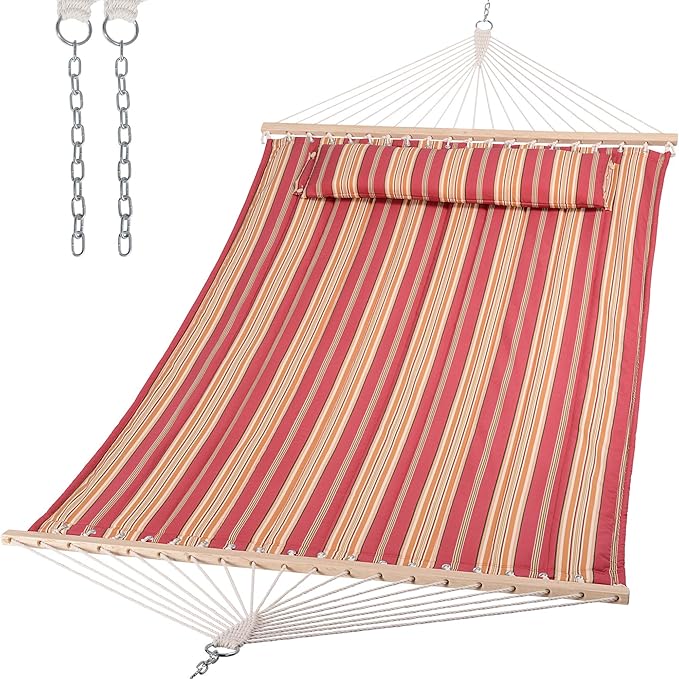 SUNCREAT Double Hammock Quilted Fabric Swing with Spreader Bar Detachable Pillow 55” x79” Large Hammock Red Stripes