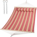 SUNCREAT Double Hammock Quilted Fabric Swing with Spreader Bar Detachable Pillow 55” x79” Large Hammock Red Stripes