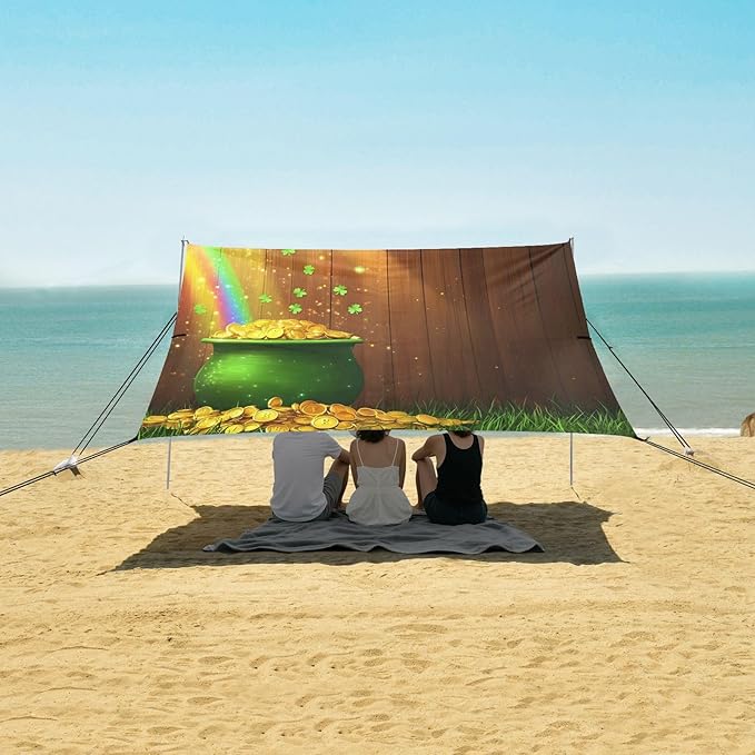 xigua St. Patrick's Day Beach Tent Sun Shelter with Carrying Bag - Silver Coated Oxford Fabric Beach Canopy for Beach Camping Fishing - Includes Windproof Ropes Sandbags &amp Stakes