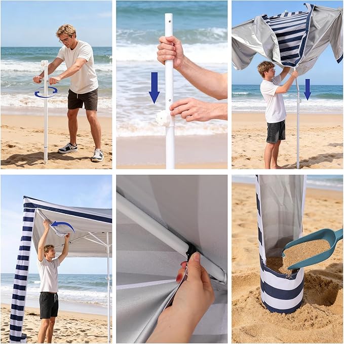 Jihfmo 8x8 Ft Large Beach Cabana Tent UPF 100+ Windproof Sun Shelter for Family - 64 Sq Ft Big Shade Canopy with Sand Anchors &amp Cooling Silver Glue Coating Easy Setup Portable Sunshade - Blue St