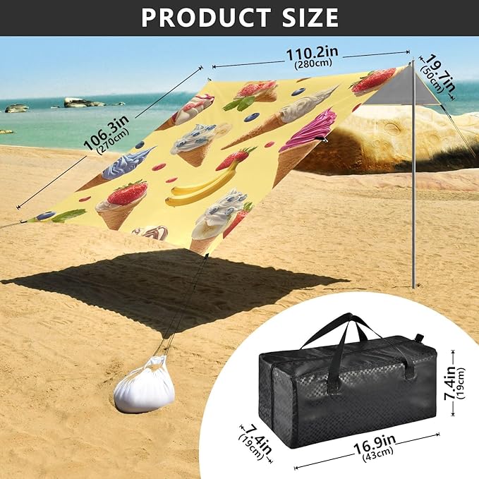 ALAZA Ice Cream Banana Strawberry Pattern Beach Tent Sun Shelter Portable Canopy Sunshade for Outdoor Camping Picnics Backyard Fun 10x9 ft