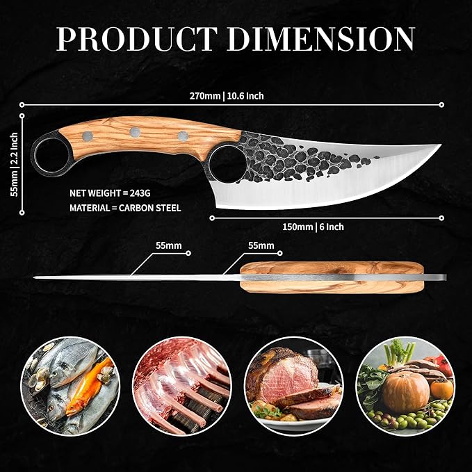 ZhengSheng Chef Knife Great Kitchen Knife with Leather Sheath Olive Wooden Handle Japanese Style Forged Viking knives for Home Cooking Camping BBQ