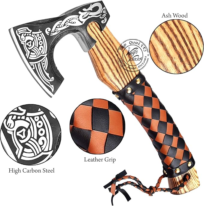 Hand-Forged Engraved Viking Axe Outdoor Camping Hunting Norse Hatchet Axe with Leather-Wrapped Handle &amp Sheath Great for Birthdays Gift Holidays Christmas or Weddings Gift (AXE-02)