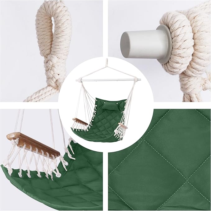 Hammock Chair Hanging Swing with Wooden ArmrestSteel Spreader BarPillowsHardware kit IncludedCotton WovenUp to 350 Lbsfor Indoor Outdoor Green