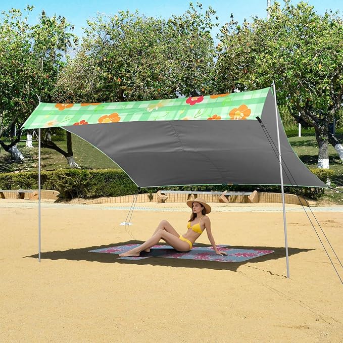 Beach Canopy with Windproof Ropes &amp Sandbags Beach Tent Sun Shade Sun Shelter for Camping Trips Fishing Backyard Fun or Picnics Flowers