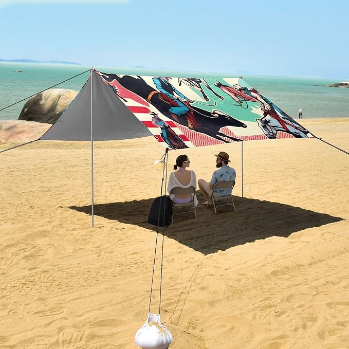 Cartoon American Cowboys Beach Tent Sun Shelter Set UPF50+ UV Protection 10.5 x 9.19 FT Camping Shade Canopy with Sandbags Sand Anchors Carrying Bag and Others