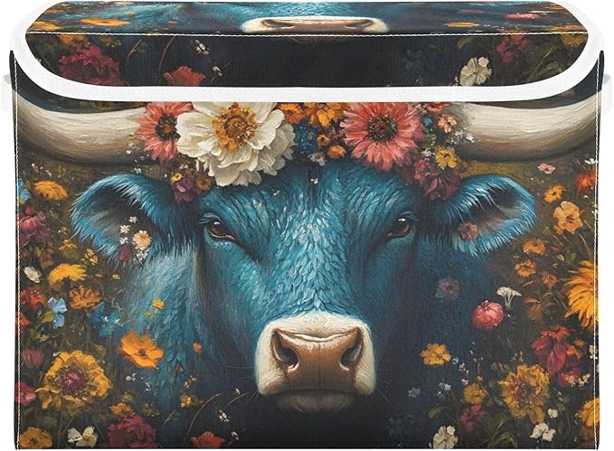 AIXIWAWA Lidded Storage Cube (Cow Flowers) Fabric Foldable Closet Bins with Flip Lid and Handles Organizer Basket Container 16.5 x 12.6 x 11.8 IN