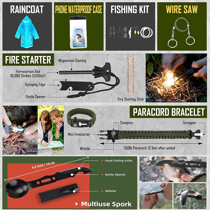 Survival Kit 268 Pcs Emergency Survival Gear and Equipment Supplies with First Aid Kit Camping Axe Headlamp Crossbody Bag for Camping Hiking Hunting Gift for Christmas Men Dads Black