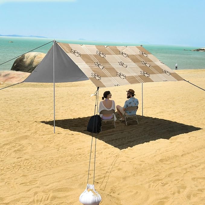 xigua Paw Print Beach Tent Sun Shelter with Carrying Bag - Silver Coated Oxford Fabric Beach Canopy for Beach Camping Fishing - Includes Windproof Ropes Sandbags &amp Stakes