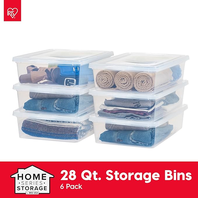 IRIS USA 6-Pack Storage Bins with Lids 28 Quart Clear Stackable Containers Box Organize Shoes Closet Shelves Clothes Blankets Towels - BPA-Free Plastic