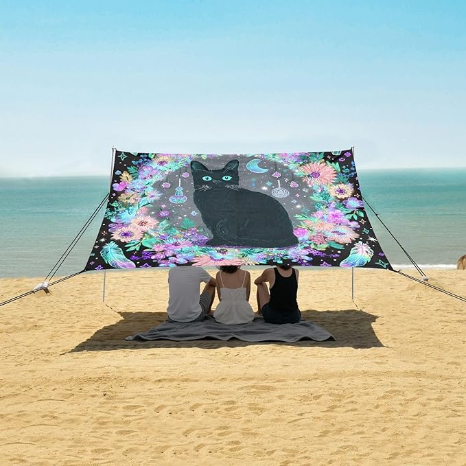 ALAZA Black Cat Witchy Boho Beach Tent Sun Shelter UPF50+ Protection Beach Shade Canopy w/ 4 Sandbags for Outdoor Camping Fishing Backyard Fun Picnic 10x9 ft