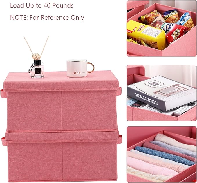 HOONEX Linen Foldable Storage Bins with Lids 2 Pack Storage Boxes with Carrying Handles and Sturdy Heavy Cardboard 16.5 L x 11.8 W x 7.5 H for Shoes Books Clothes Nursery Pink