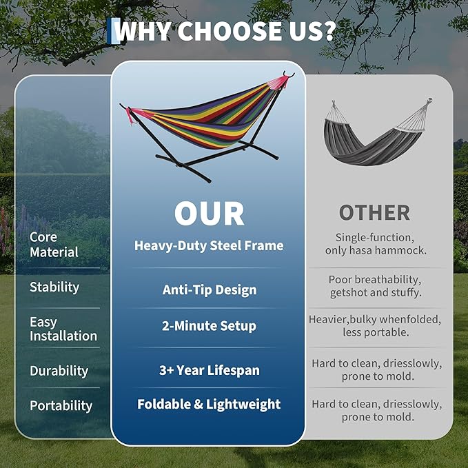 Garvee 2 Person Hammocks with Stand for Outside Double Hammocks Portable Space Saving Heavy-Duty Steel Stand for Indoor Outdoor Patio with Carrying Bag 450 lbs Capacity