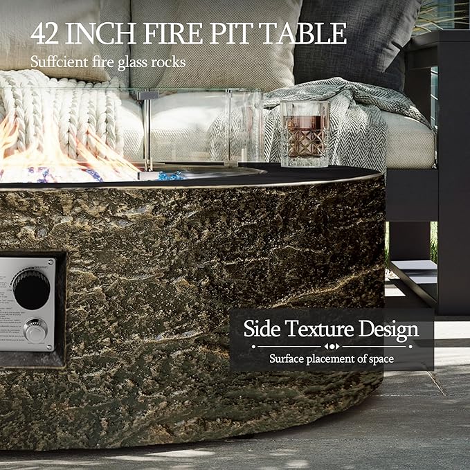 UPHA 42-inch Outdoor Propane Gas Fire Pit Table 50000 BTU Concrete Round FirePit for Outside Patio with Propane Tank Cover Wind Guard Blue Glass Rocks Rain Cover Bronze