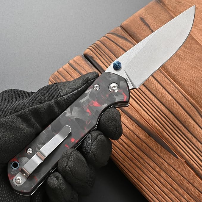 FF23 Folding Knife AUS-10 Steel Blade Carbon Fiber Handle with Pocket Clip for Men Women Outdoor Camping Fishing Working Survival(Red)