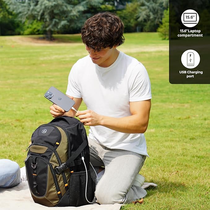Swissdigital Design Laptop Backpack with USB Charging Port Travel Backpack Fits 15.6 inches Computer 31L College School Backpack for Men Olive/Black | SD803-26