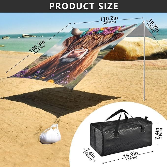 ALAZA Highland Cow Flower Beach Tent Sun Shelter Portable Canopy Sunshade for Outdoor Camping Picnics Backyard Fun 10x9 ft