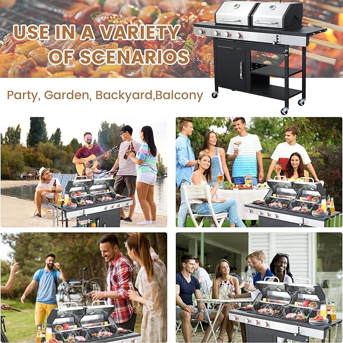 3-Burner Propane Gas BBQ Charcoal Grill Combo with Side Burner 37230BTU Stainless Steel Barbecue Grill With Enameled Cast Iron Cooking Grids For Outdoor Camping