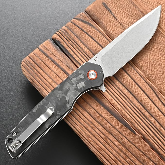 FF19 Folding Pocket KnifeD2 Steel Blade Carbon Fiber Handle EDC Tool Knife for Outdoor Camping Hunting Fishing Working(Black)