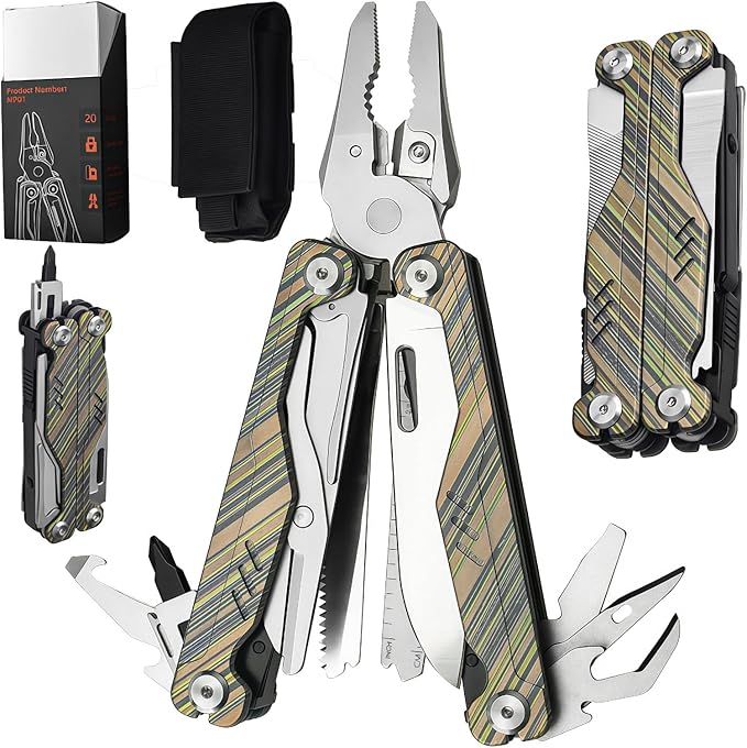 Multitool 20-in-1 Full-Size Lightweight EDC Multi-Purpose Pliers Camping Knives &amp Tools Tactical Outdoor Gear Mens Gifts Ideas Gifts for Hunters Men who have Everything (Green Camouflage)
