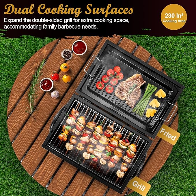 Joyfair Portable Charcoal Grill (2 IN 1 Double-Sided) Small Tabletop Barbecue Grill with Food Tray &amp Rack for Outdoor Camping Home Patio BBQ Grilling Heavy Duty &amp Multi-use Easy Assembly (2