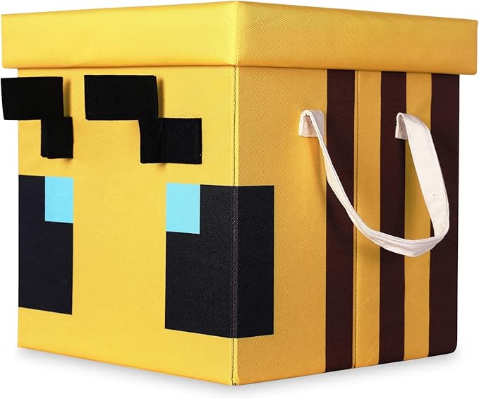Minecraft Bee 15-Inch Storage Bin Chest with Lid | Foldable Fabric Basket Container Cube Organizer with Handles Cubby Closet Organizer | Video Game Gifts and Collectibles
