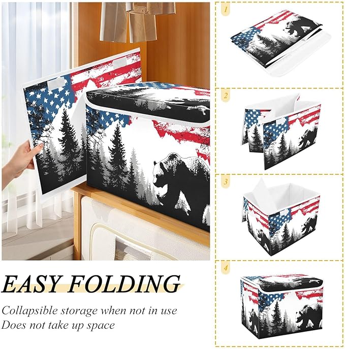 Storage Basket Bins Bear Forest Print with Lid Foldable Flip-top Cubes with Handle for Home Office 16.5×12.6×11.8 in