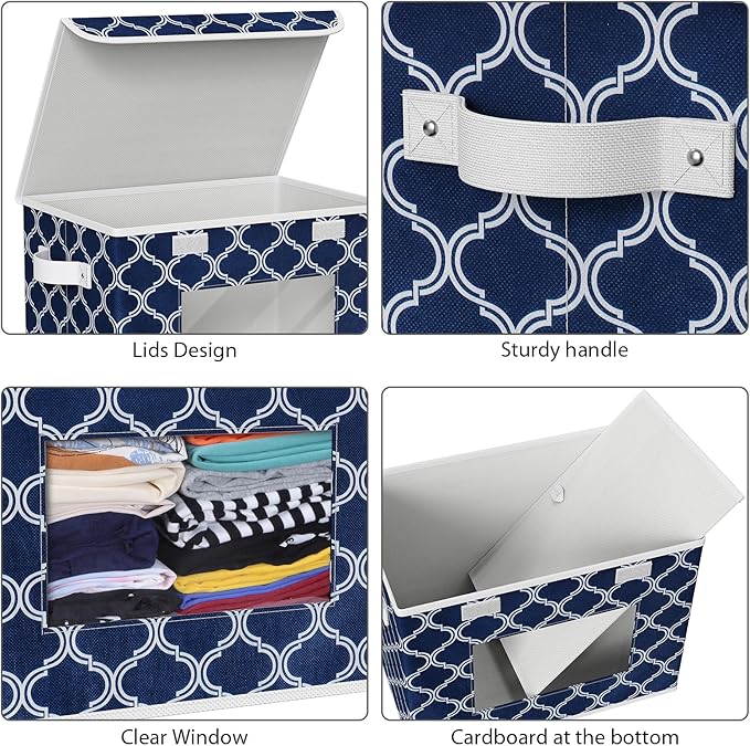 Univivi Fabric Foldable Storage Boxes [4-Pack] Large Collapsible Stackable Storage Bins with Lids Closet Organizers and Storage Cube Basket for Home Office Bedroom (Blue Lantern 17”x 12” x 12”)