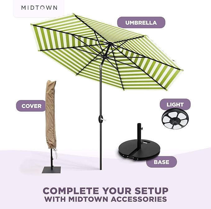 Midtown Umbrellas - 10-Year-No-Fade 10 Ft Patio Umbrella with Terylast Fabric Auto-Tilt Aluminum Frame and 8 Reinforced Ribs for Deck Pool Garden &amp Beach - Green/White Stripes Canopy Black Pol