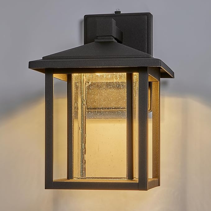 Maxxima LED Outdoor Wall Light Seeded Glass Home Entryway Lighting Dusk to Dawn Photocell Sensor Porch Light 1000 Lumens 3000K Warm White - 11.5 in. Height