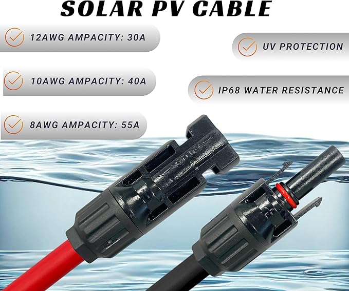 WindyNation 10 Gauge 10 AWG Pair 20 Feet Black + 20 Feet Red PV Photovoltaic Solar Panel Extension Cable Wire Solar Connectors