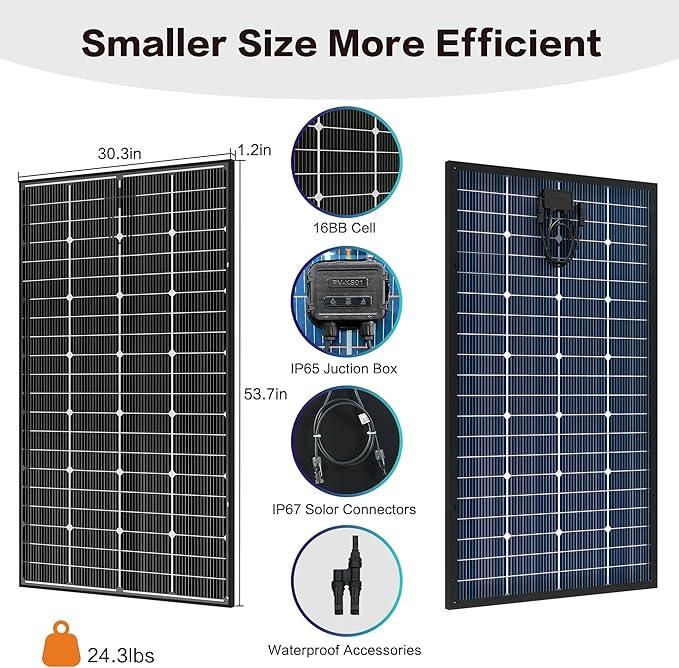JJN Bifacial 400 Watt Solar Panel 16BB N-Type 2 Pcs 200W 12V 25% High Efficiency 400W Solar Panels Monocrystalline Solar Module for RV Home Farm Trailer Camper Marine Off-Grid Solar System