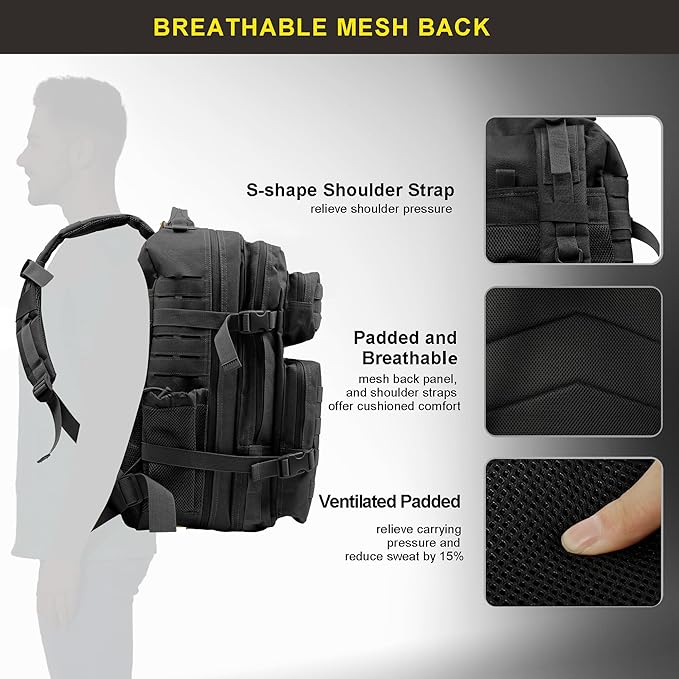 Zavothy 45L Military Tactical Backpack Army 3-Day Assault Pack Bug Out Bag for Hiking Camping | Army Bag Large Rucksack with Molle System
