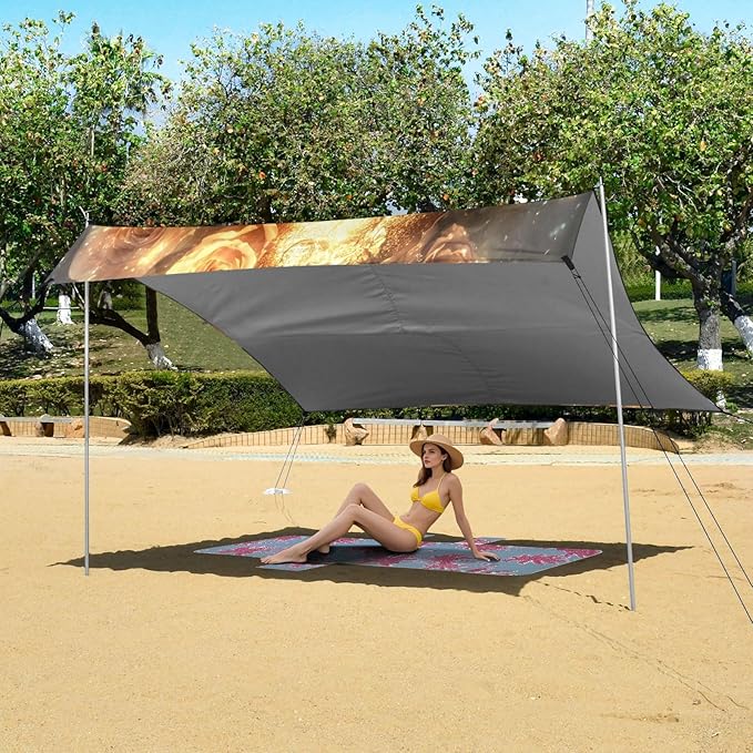 Carnival Golden Mask Pattern Beach Tent Sun Shelter Set UPF50+ UV Protection 10.5 x 9.19 FT Camping Shade Canopy with Sandbags Sand Anchors Carrying Bag and Others